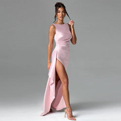 Slim Sleeveless Backless Satin Dress Pleated High Slit Dress