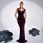 Premium Long Sleeve Square Neck Hip Wrapped Cocktail Sequined Rhinestone Fishtail Evening Dress