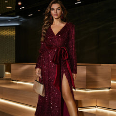 Vestido de noche informal holgado de lentejuelas rojas con cinturón y lazo para minorías.