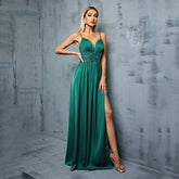 Stunning Green V eck Backless Camisole Evening Dress High Grade Satin Formal Dress Slimming