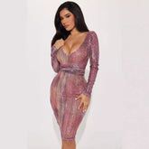 V Neck Long Sleeve Narrow Dress French Sequined Midi Dress