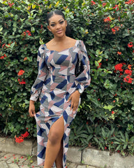 Blue Printed Plaid Simple Long Sleeve Slit Dress