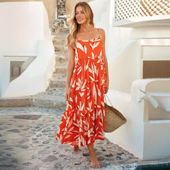 Maxikleid mit Trägern und rückenfreiem Pflanzen- und Blumenmuster