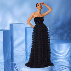 Strapless Black Mesh Sequ Dress