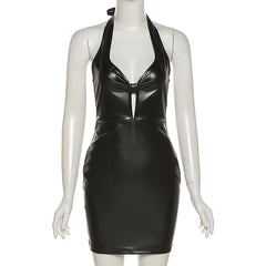 Halter Hollow-out Backless Low-Cut Slim Fit Faux Leather Dress for