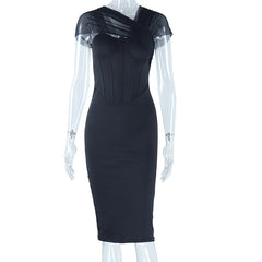 Vestido ajustado de color liso con costuras en el pecho, vestido de gasa de manga corta, vestido de calle a la cadera para