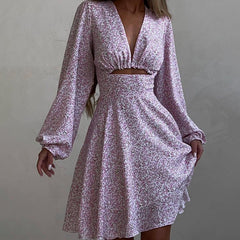 Long Sleeve V neck pirational Design Dress Slimming Printed French Dress