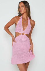 V neck Halter Sleeveless Hollow Out Cutout Knitted Backless Dress