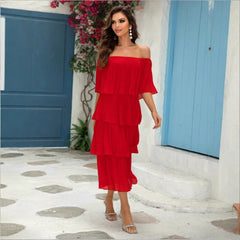 Elegant Boat Neck Pleated Ruffled Dress Maxi Dress