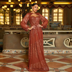 Long Sleeve Crew Neck Cutout Long Sequined Cocktail Evening Dress Bridesmaid