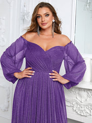 plus Size off Shoulder Long Sleeve Dress Solid Color Simple Dress Cocktail Evening Gown for