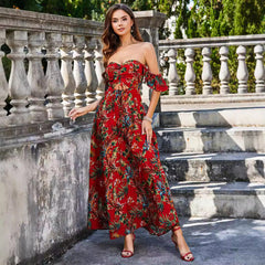 Vestido elegante sin espalda con parte superior de tubo y aberturas con estampado atado