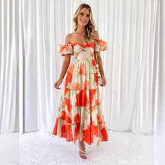 Elegant Puff Sleeve V neck Hollow Out Cutout out Printed Dress for