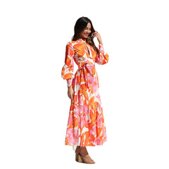 Bedrucktes, plissiertes Maxikleid mit Oversize-Schnitt, schwingender Taille und Laternenärmeln