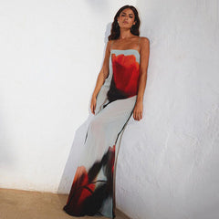 Printed See through Strap Dress off Neck Waist Maxi Dress
