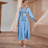 Middle East Muslim Dress Fall V neck Embroidered Slim Dress with Belt