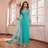 V neck Long Sleeved Dress Rhinestone Mesh Stitching Cocktail Evening Dress
