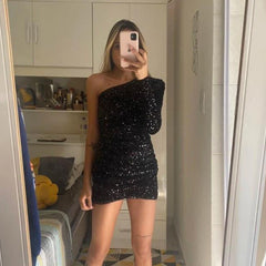 One Shoulder Sequ Dress High End Evening Dress Tight Hip Dress