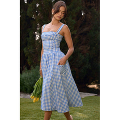 Pastoral Mid Length Blue Plaid Sling Dress High Sense Vacation Dress