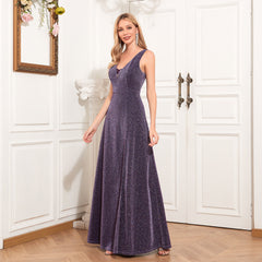 Vestido de noche formal morado con escote en V y espalda en U, corte A, abertura lateral, cordón plateado brillante, largo para fiesta y graduación