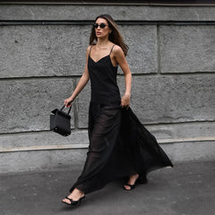 Elegante diseño de escote en V, tirantes finos adelgazantes, elegante vestido de noche, tobillera francesa