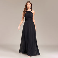 Halter Backless Pleated Waist Party Back Zipper Black a Large Swing Fully Lined Evening Dress
