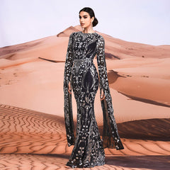 Super Long Sleeve Crew Neck Slim Long Sequined Cocktail Evening Dress Bridesmaid Dress