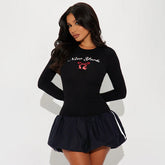 Street Sports Bud Short Dress Bow Printed Long-Sleeved Top Waist Tight A Line Dress