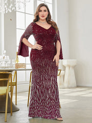 Plus Size Long Sleeve Deep V Plunge Slim Fishtail Evening Dress Cocktail Party Dress