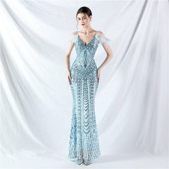 Positioning Floral Sequin Craft Order Ostrich Hair High End Evening Dress