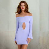 Off Neck Micro Pull Long Sleeve Hollow Out Cutout Out Cropped Hip Wrapped Short Dress