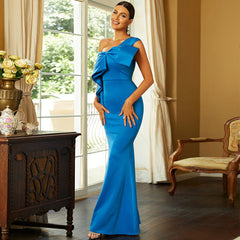 Diagonal Collar Sleeveless Elegant Slim Long Solid Color Cocktail Bridesmaid Dress Evening