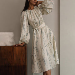 Loose Dress Puff Sleeve GracefulPrinted A line Dress