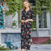 V neck Shirt Sleeve Printing High Waist Long Casual Dress