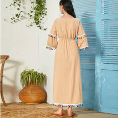 Vestido informal largo de cintura alta con cuello redondo y borlas, media manga