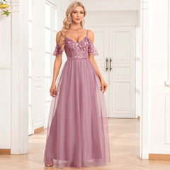 Elegant Off The Shoulder Strap Sleeve Double V Neck Tulle Stitching Embroidered Sequ A Swing Long Party Evening Dress