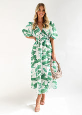 Printed V neck Puff Sleeve Large Swing Dress for