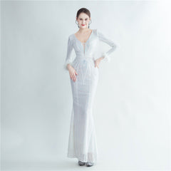 Positioning Floral Sequin Craft Ostrich Feather High End Long Sleeved Evening Dress