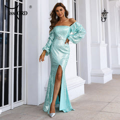 Elegante vestido de noche para fiesta de cóctel con lentejuelas y escote desbocado de cola pequeña