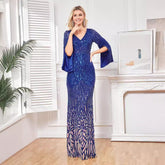 Long Sleeve Deep V Plunge Slim Fishtail plus Size Evening Dress Cocktail Party Dress
