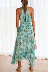 Halter Sleeveless V Neck Printed Large Swing Maxi Dress