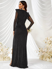 Long Sleeve Cutout High Slit Dress Light Texture Slim Fit Figure Flattering Maxi Dress