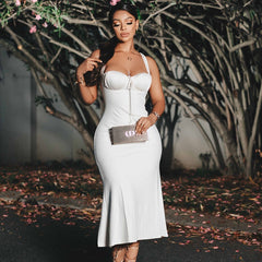 Elegant Strap Solid Color Fishtail Dress Sleeveless off Neck Length Dress