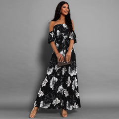off Neck Pleated Printed Slip Shoulder Sleeve Floral Print Maxi Dress