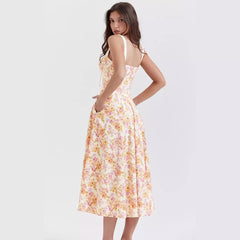 Printed Cami Dress Backless Slit Mid Length Dress for