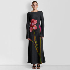 Intellectual Elegant round Neck Long Sleeve Back Hollow Out Cutout Print Length Dress