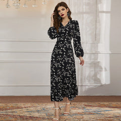 Fall Arrival V neck Small Floral Dress Long Sleeve Black Maxi Dress