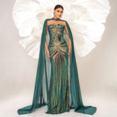 Long Sleeve round Neck Long Sequined Cocktail Cape Fishtail Evening Dress Bridesmaid Dress