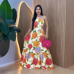 Halter Lace up Backless Dress French Printed Slim Fit Dress