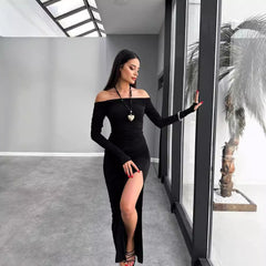 off Neck Backless Pleated Long Sleeve Narrow Split Dress